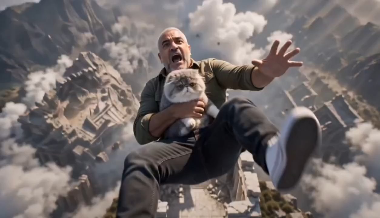 Man falling from sky screaming clutching cat