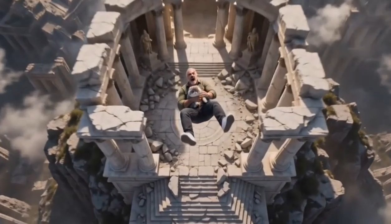 Aerial overhead shot of man sitting on temple floor with cat after impact