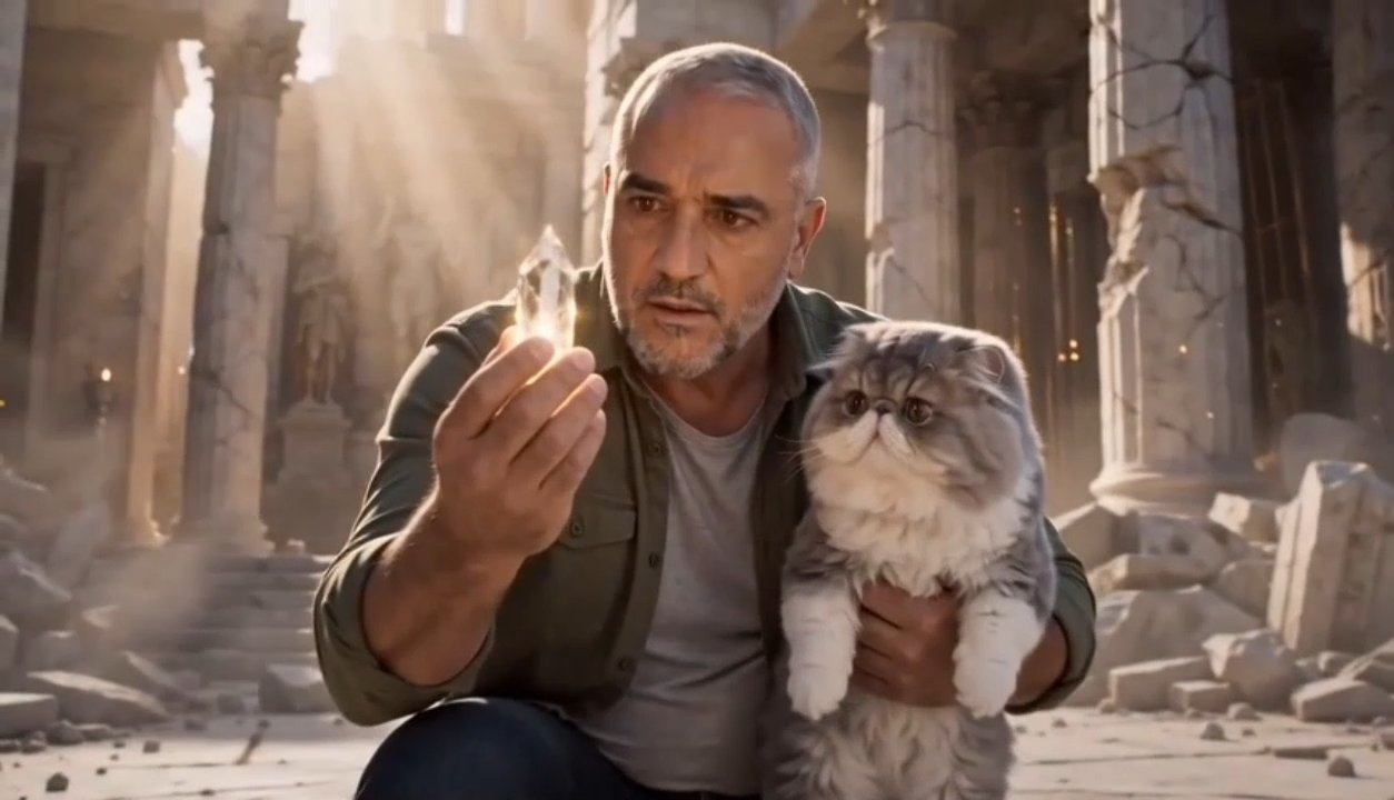 Man kneeling in ruins holding cat, examining glowing crystal
