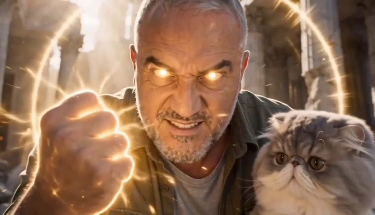 Eyes ignite blazing gold, fist clenched with crackling energy, cat beside him