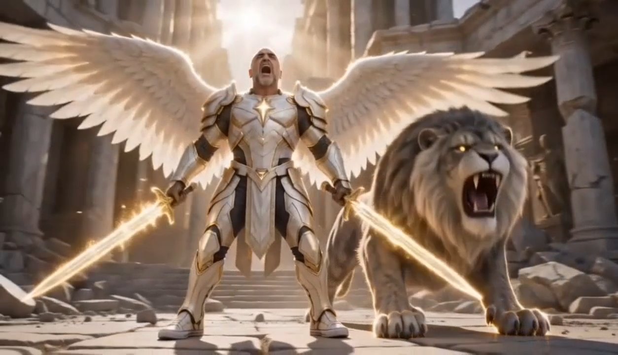 Angel warrior fully armoured with white wings and two golden swords, battle-lion roaring beside him