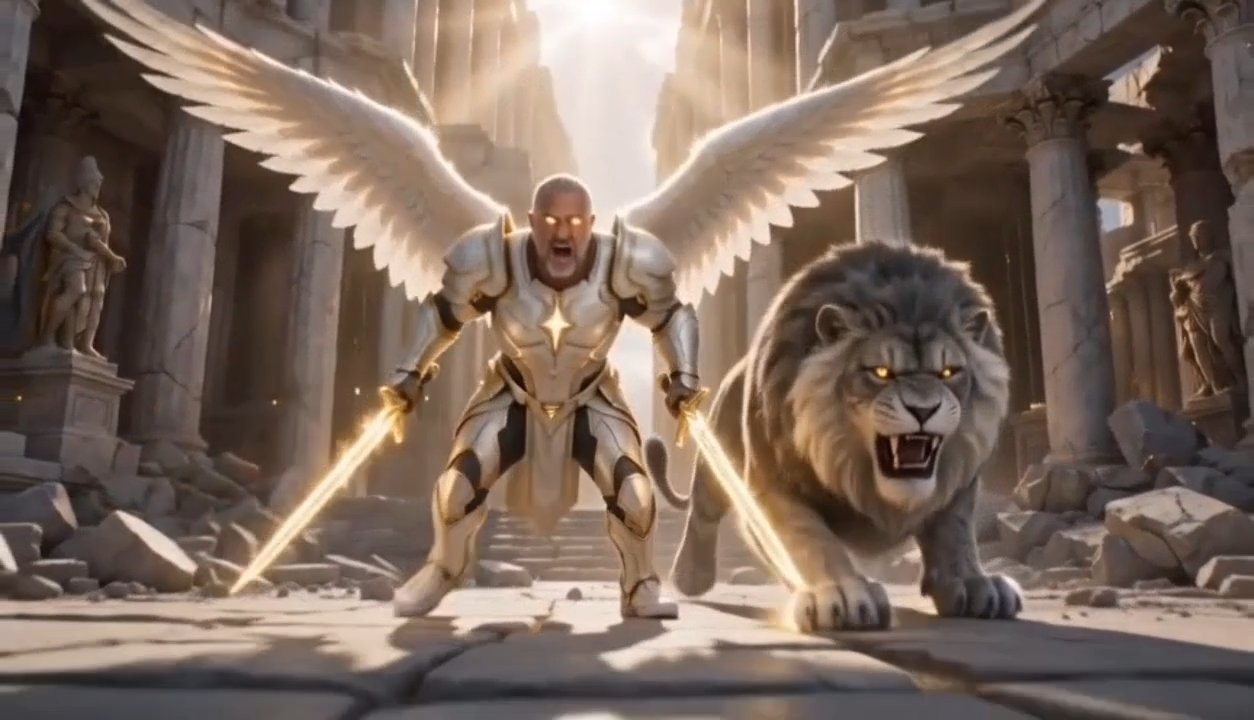 Angel warrior and battle-lion charging directly at camera low angle
