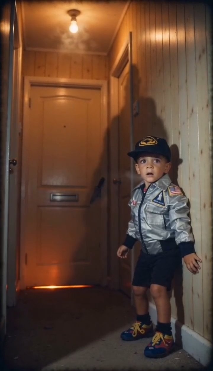 Boy pressed against the wall of a 1985 British hallway, orange light under the door