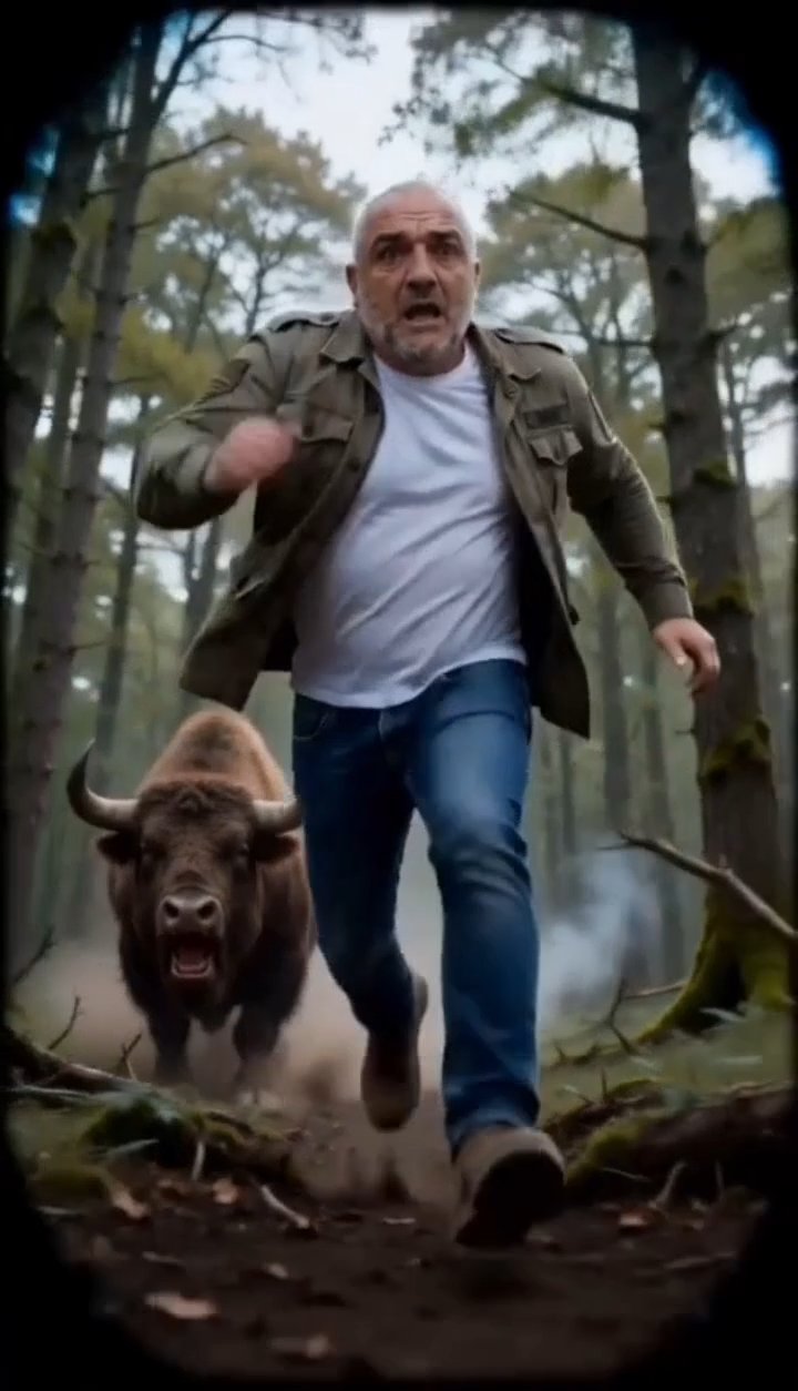 Man in a field jacket running from a charging bull through an ancient British forest
