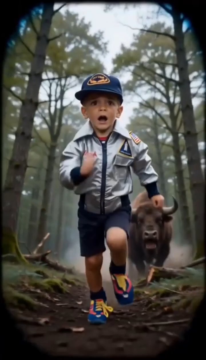 Young boy in a silver NASA jacket running from a charging bull through the forest