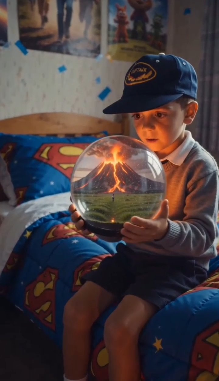 Boy sitting on a Superman bed holding a snow globe in a 1985 British bedroom