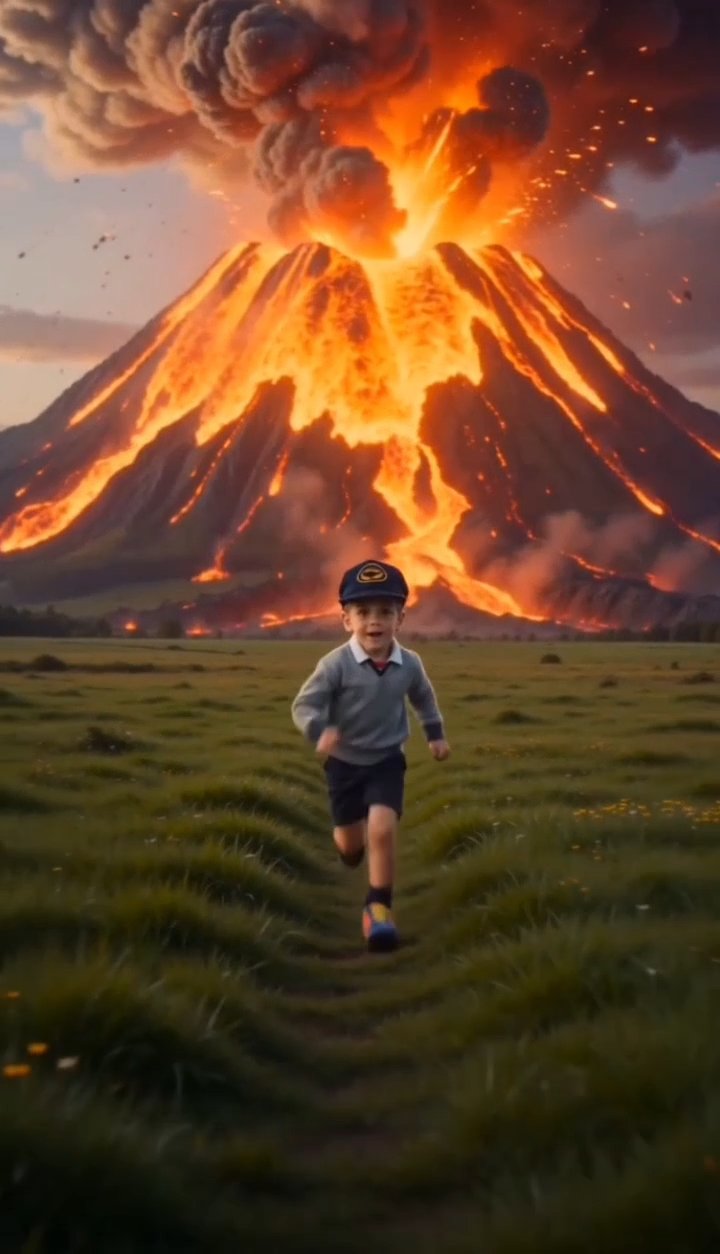 Boy running toward camera across a field with a huge erupting volcano behind him