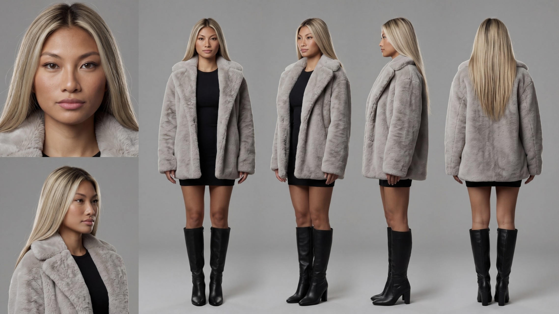 Lisa multi-angle character reference sheet — blonde hair, grey faux fur coat, black dress, black knee-high boots