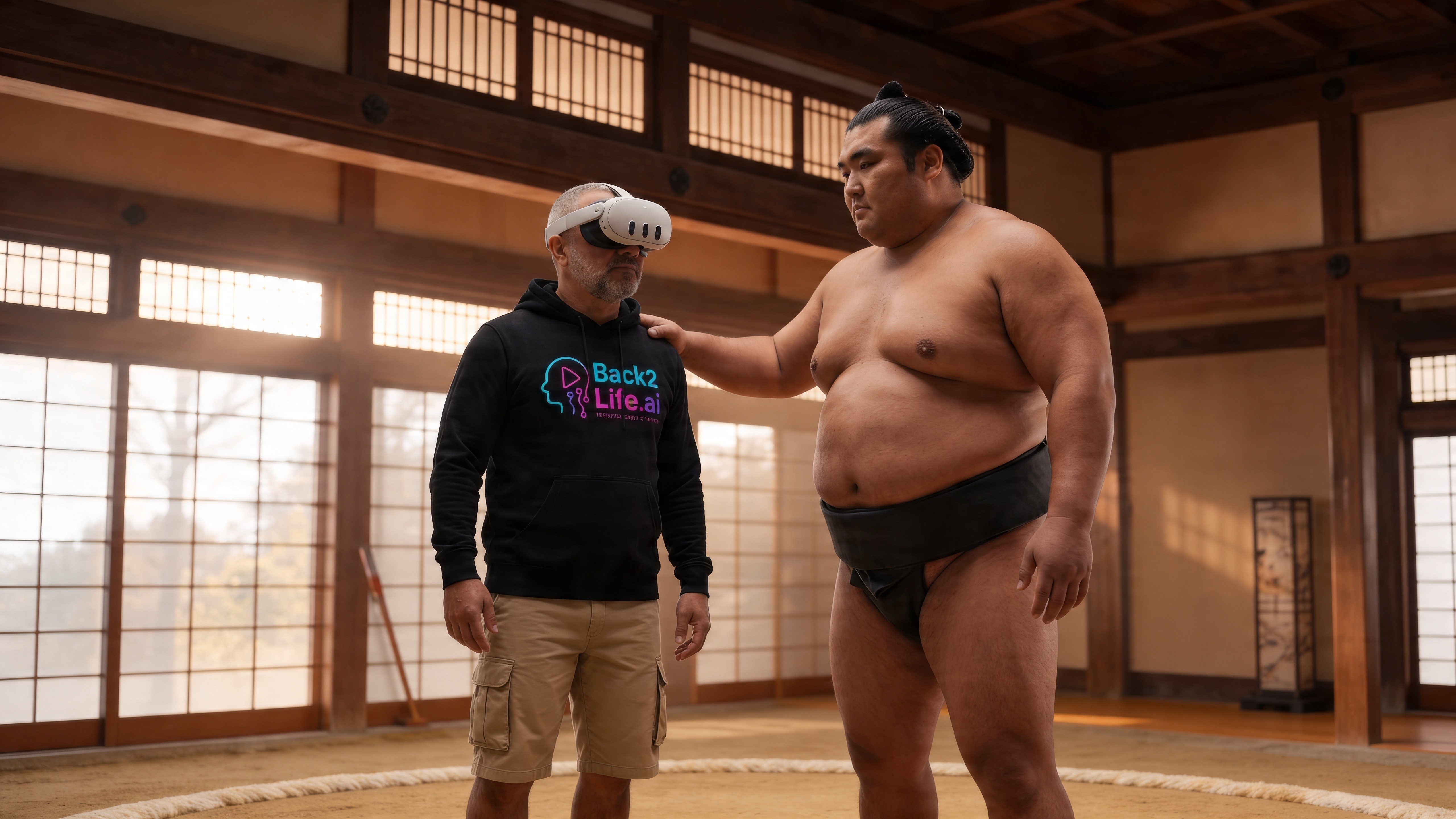 Hoodie character and sumo wrestler standing together in the traditional dojo
