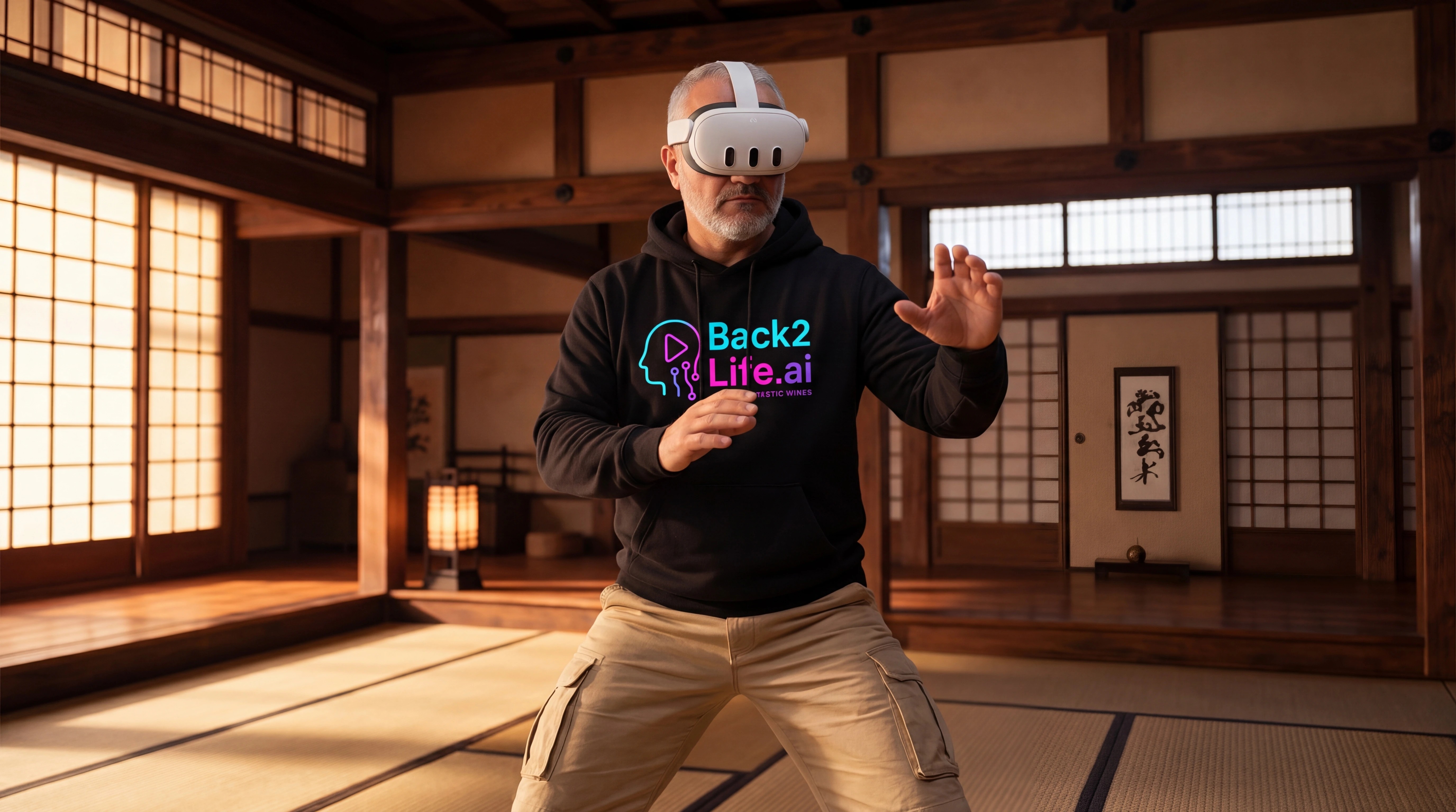 Hoodie character in a low fighting stance wearing the Meta Quest 3 headset in the dojo