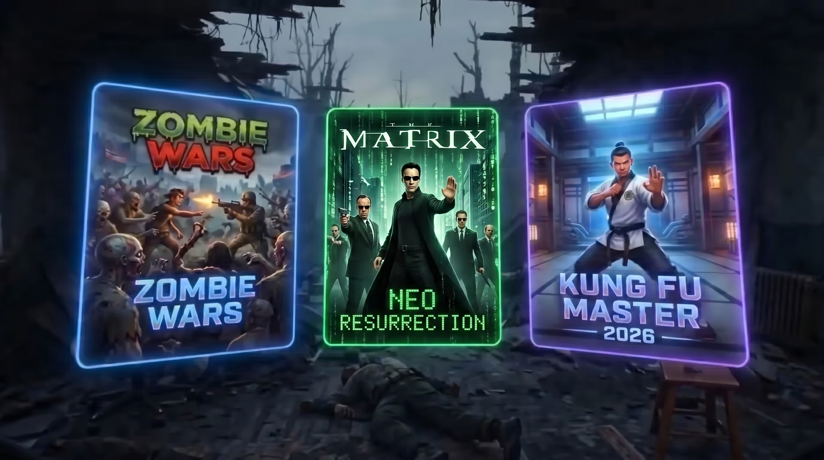 Floating holographic game selection cards — Zombie Wars, The Matrix, Kung Fu Master 2026