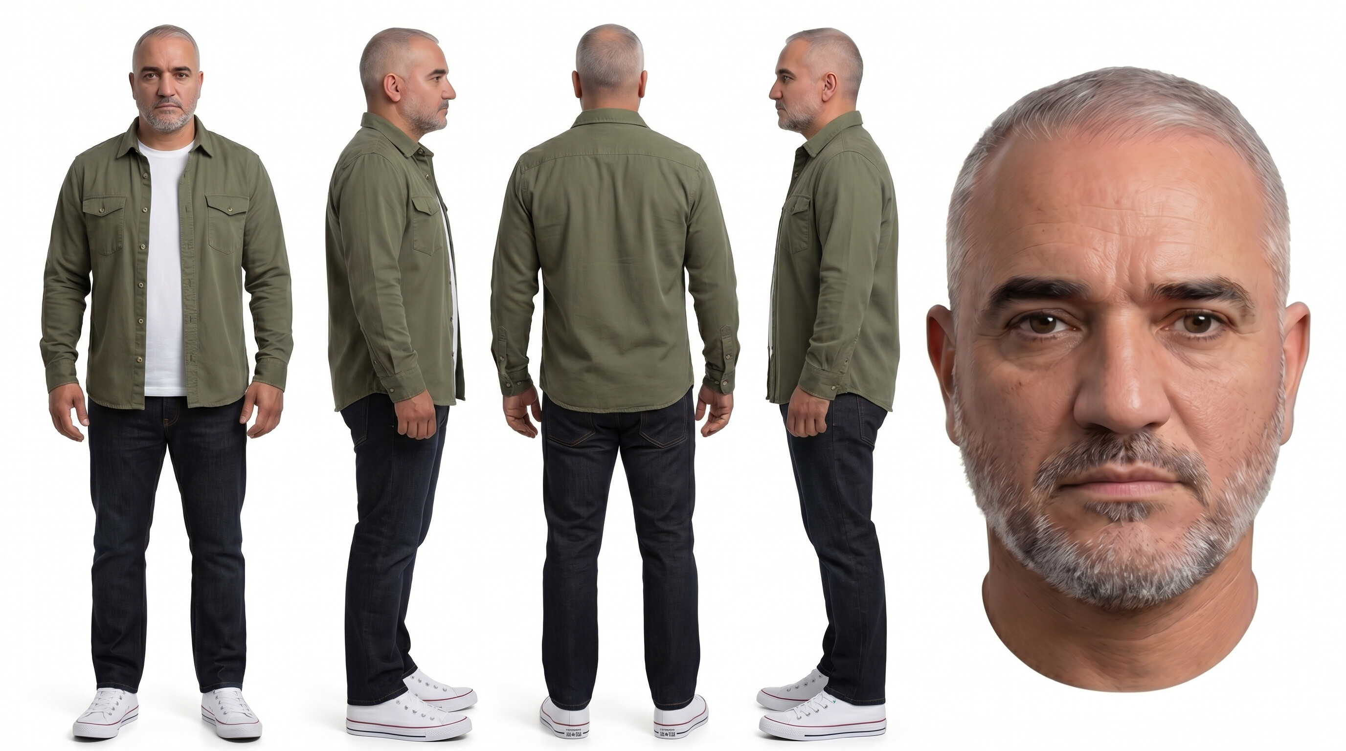 Grey-haired man in an olive overshirt, four-angle character reference sheet plus face close-up
