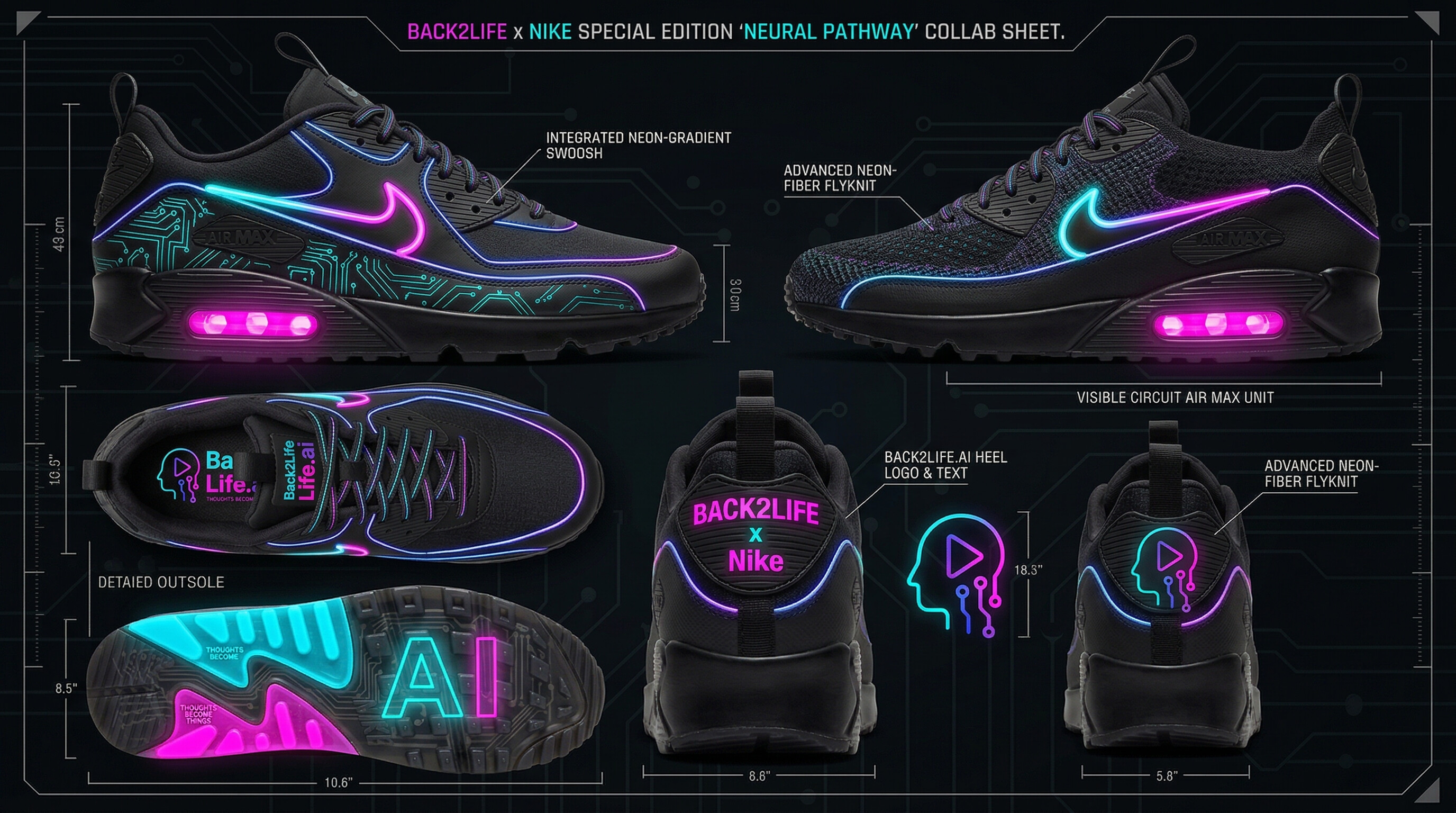 Multi-angle product spec sheet for the BACK2LIFE x Nike Air Max 90 collab sneaker — side profiles, top-down, heel, sole, and detail callouts