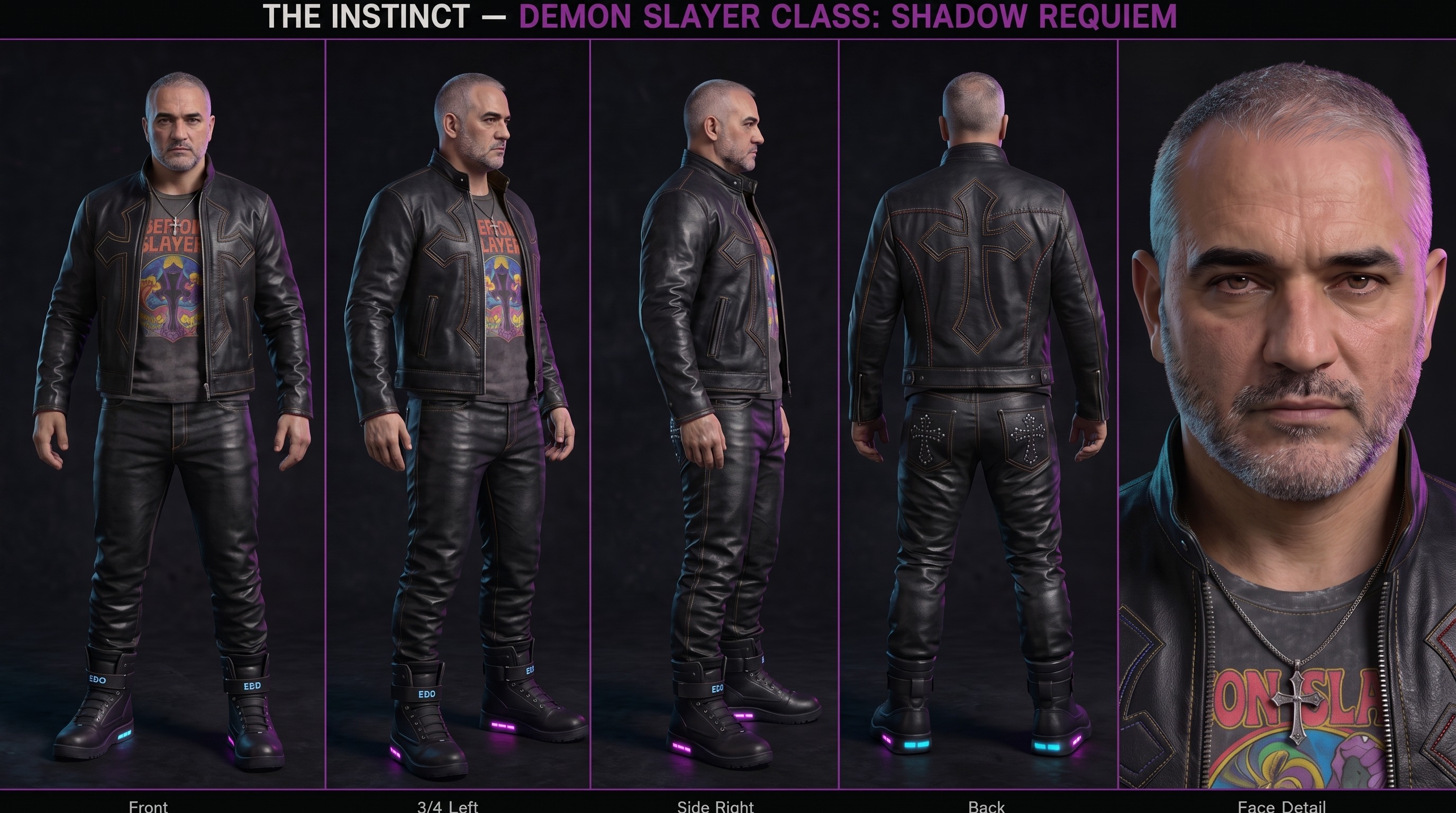 Ash multi-angle character reference sheet — grey hair, black leather jacket with cross stitching, rock graphic tee