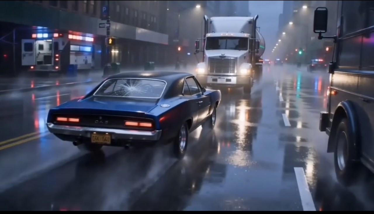 External rear angle of the Charger approaching the tanker with a cracked windshield