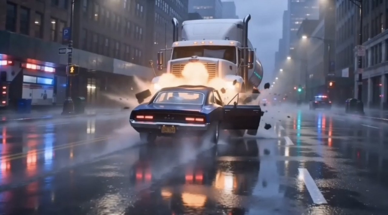 Head-on collision moment with fireball erupting between the Charger and the tanker