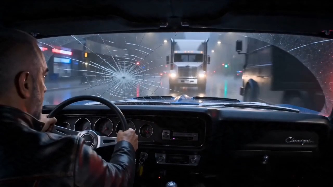 Interior driver POV, wet NYC street, security truck ahead
