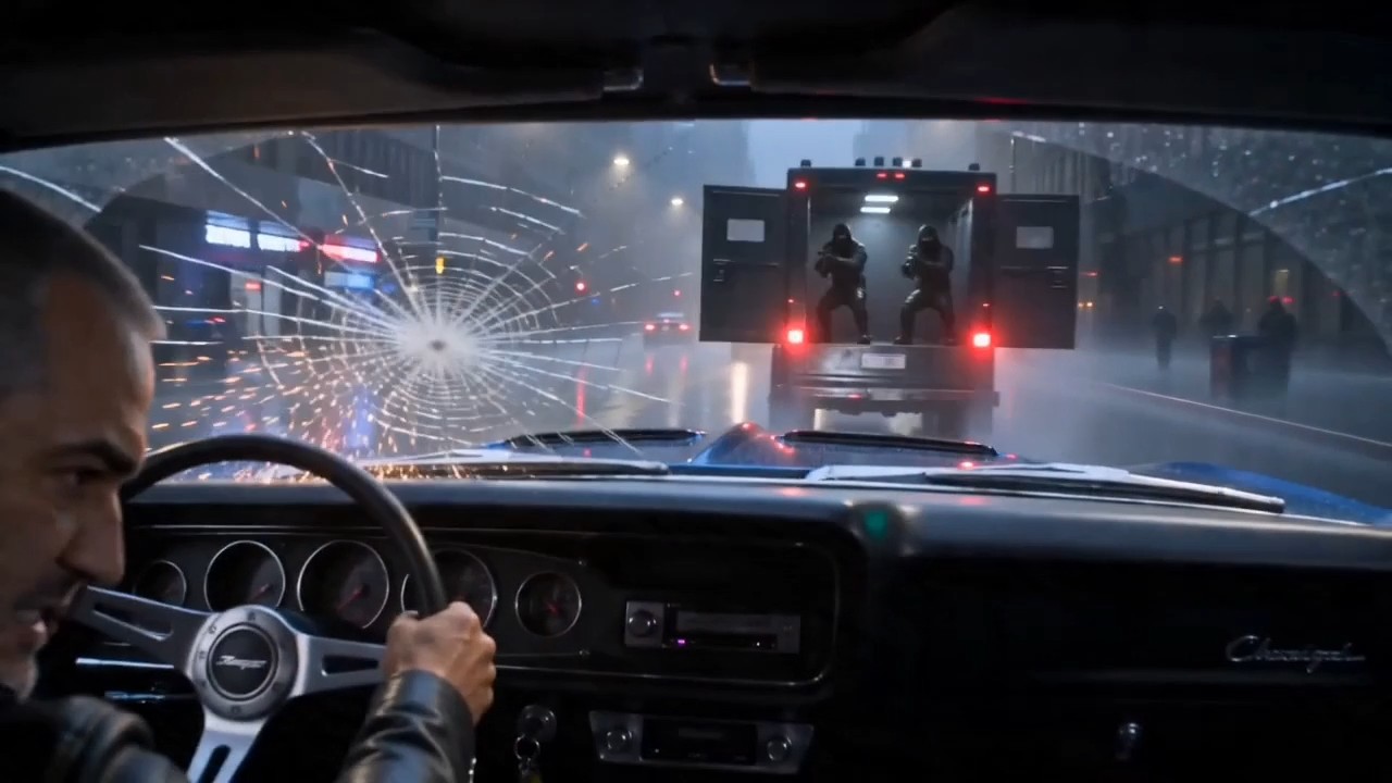 Interior view through bullet-cracked windshield with two masked gunmen at the open truck doors