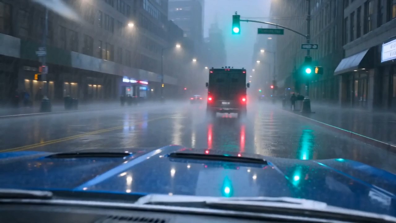 Dashcam-style view over the hood approaching the truck at a green light in the rain