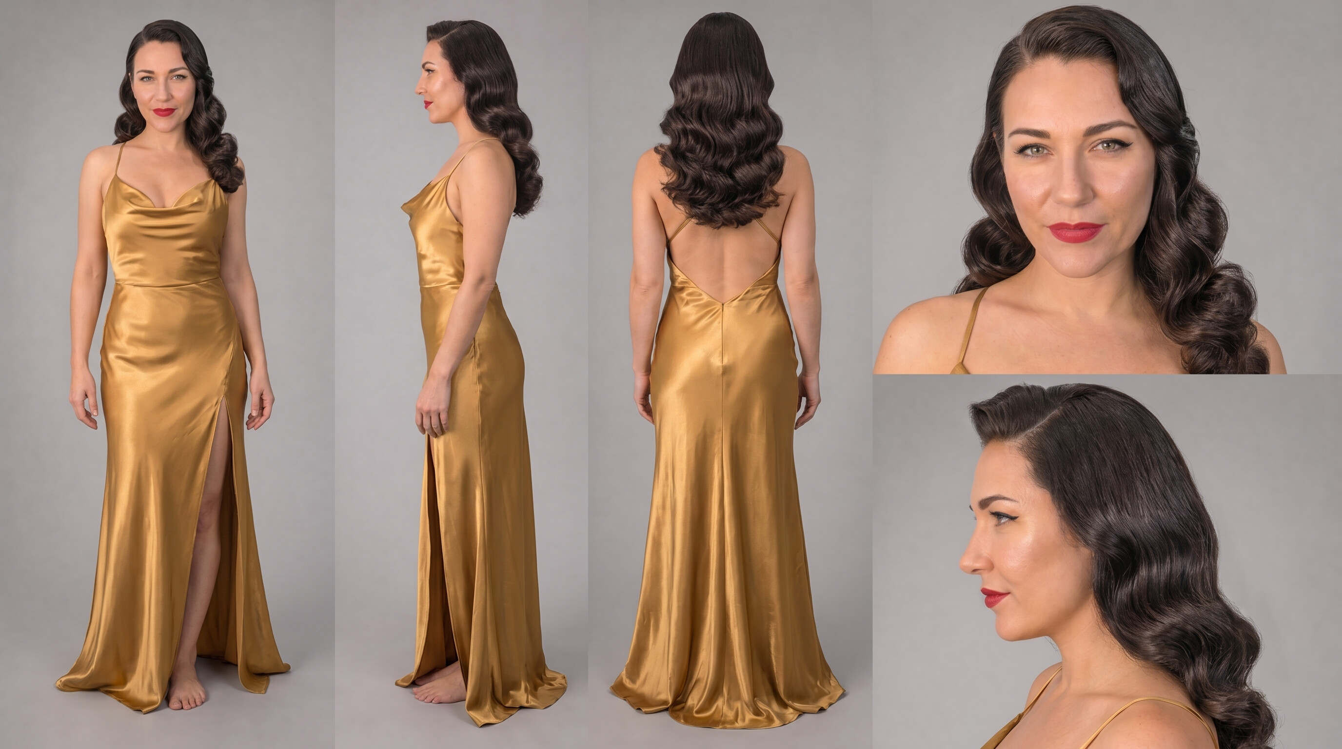 Original multi-angle character reference sheet — woman in gold satin gown, dark wavy hair, four angles plus face close-ups