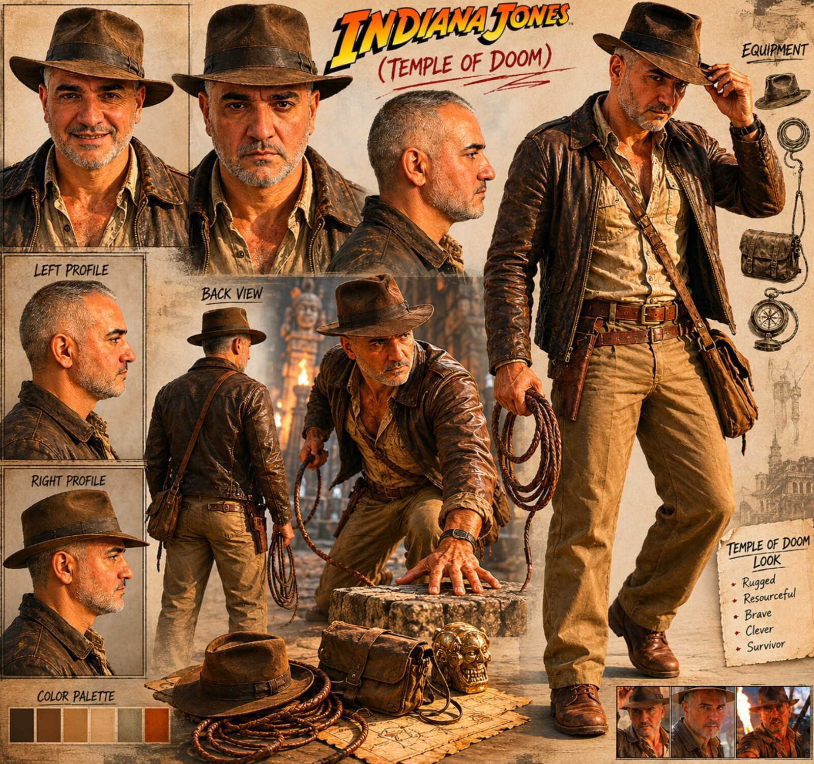 Rugged explorer character sheet in the style of Indiana Jones — fedora, leather jacket, whip, satchel, four angles plus face close-ups and equipment breakdown