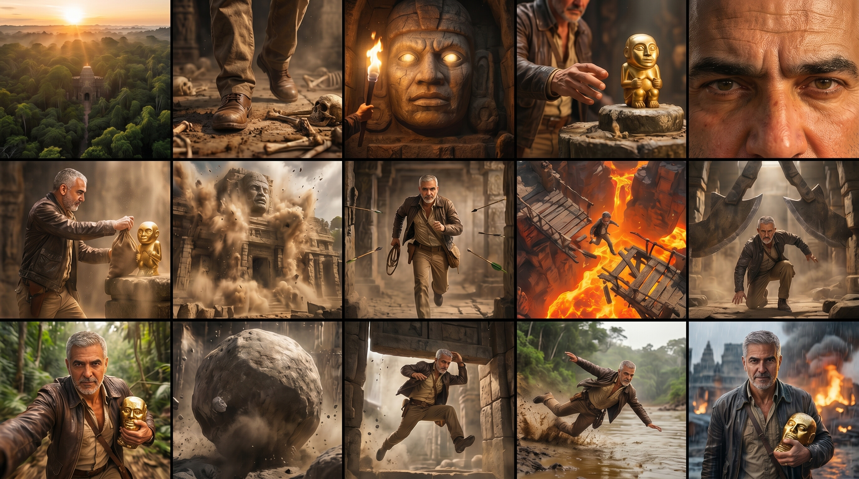 Complete 15-panel visual storyboard grid for Escape The Temple — every shot from the jungle establishing shot to the rain-soaked victory finale, laid out in sequence