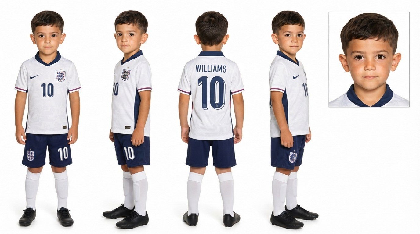 Young boy character sheet in England home kit, WILLIAMS 10 on the back — front, side, back and close-up angles