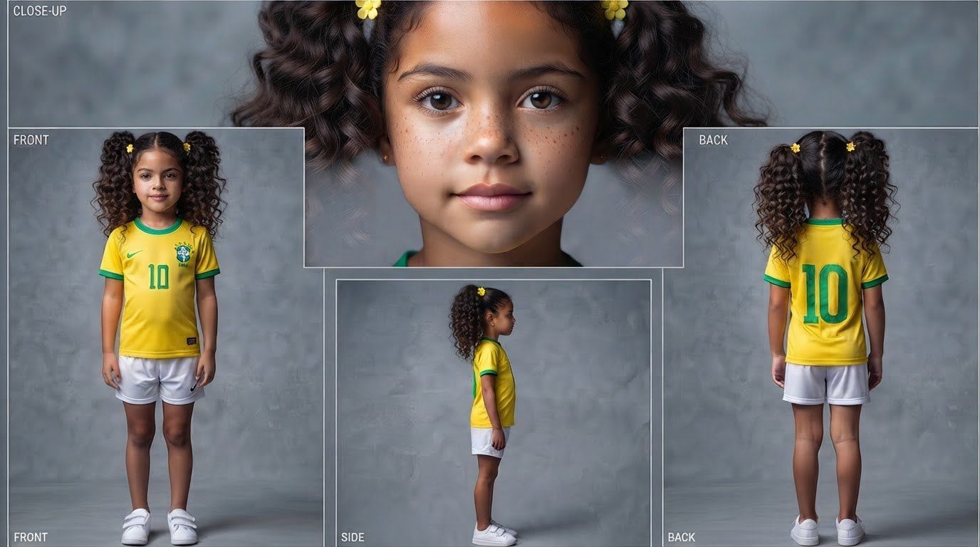 Young girl character sheet in Brazil kit with curly hair and yellow flower clips — close-up, front, side and back angles