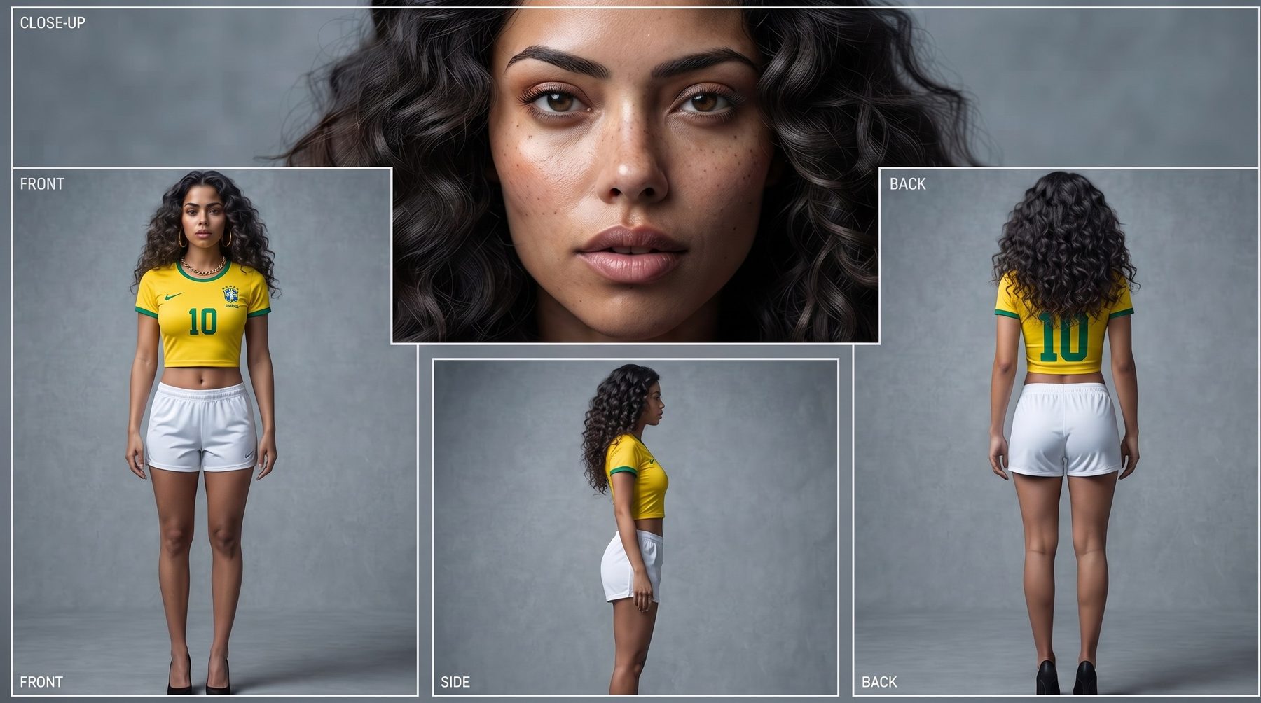 Adult woman character sheet in Brazil crop kit with long curly hair, freckles and gold hoops — close-up, front, side and back angles