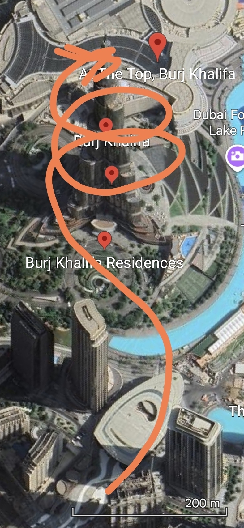 Traced Google Maps flight path spiraling up the Burj Khalifa, Dubai