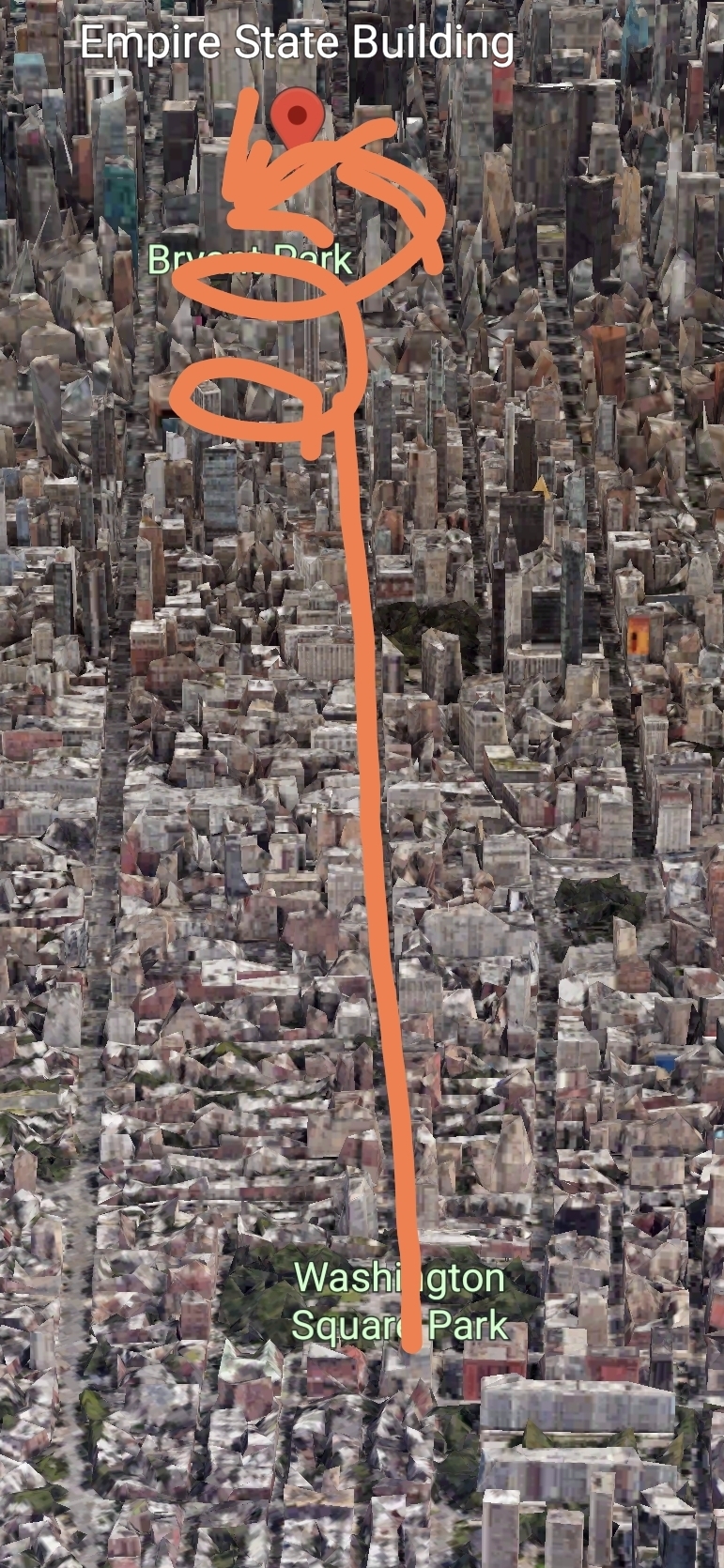Traced Google Maps flight path from Washington Square Park to the Empire State Building, New York