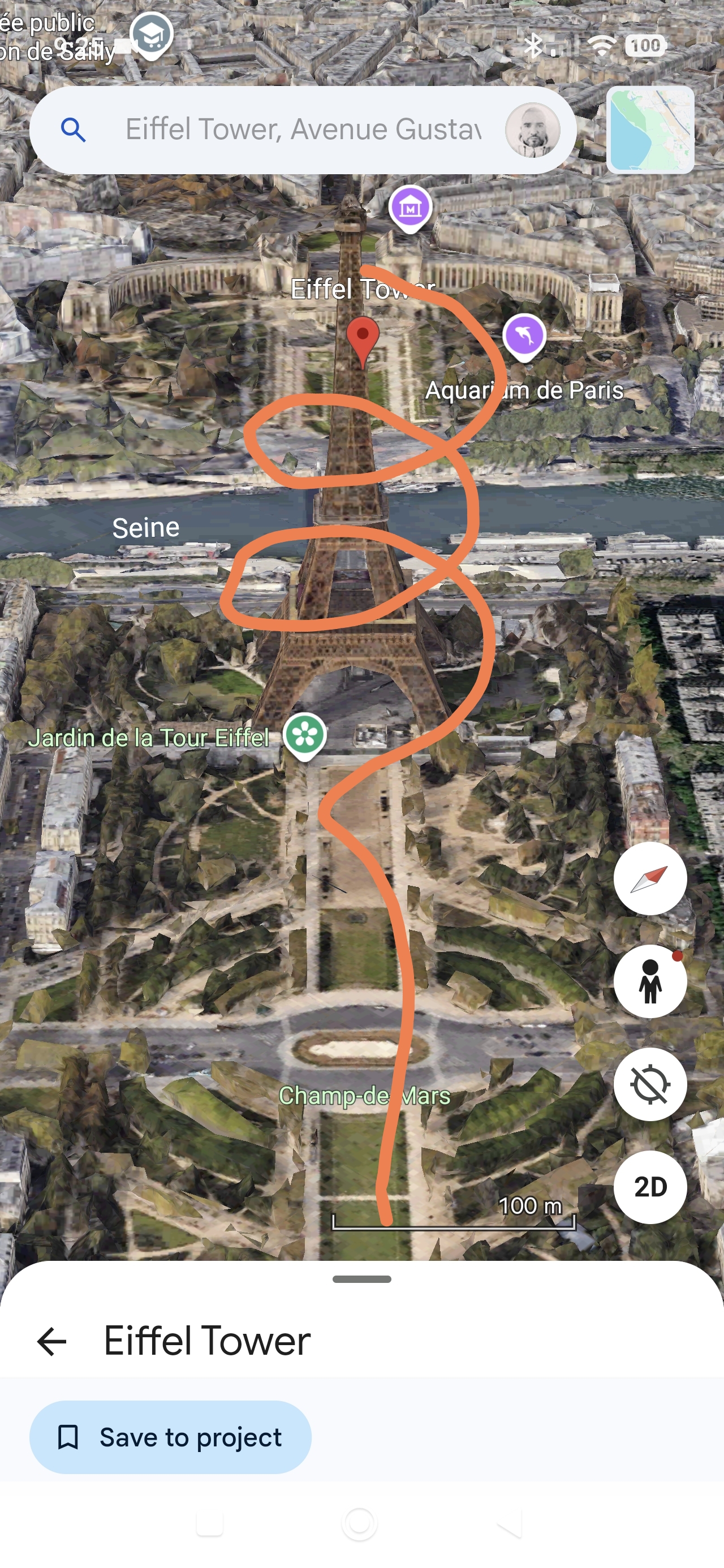 Traced Google Maps flight path from Champ de Mars weaving around the Eiffel Tower, Paris