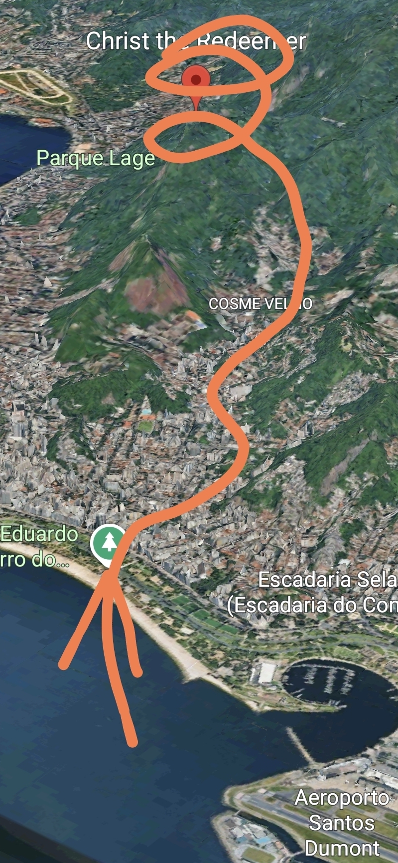 Traced Google Maps flight path from Copacabana Beach to Christ the Redeemer, Rio de Janeiro