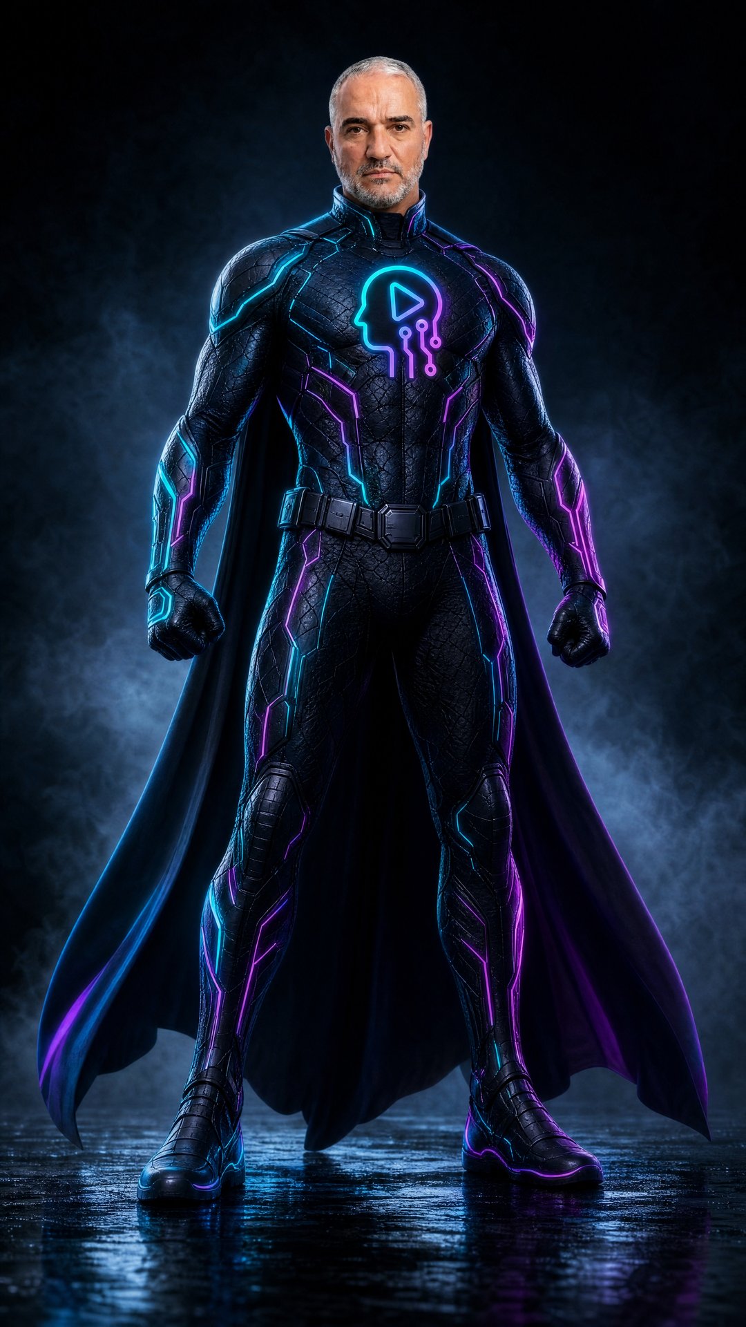 Superhero portrait reference — full body hero in neon circuit suit