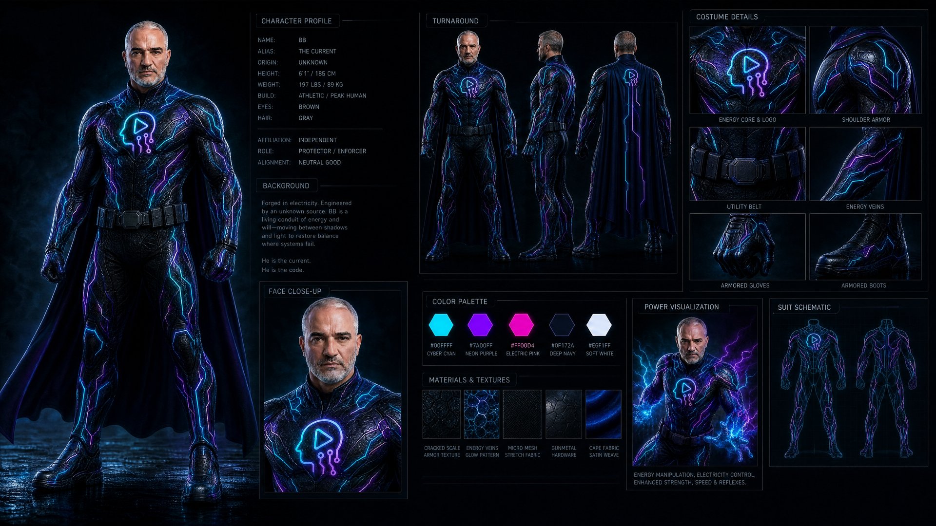 Character reference board — profile, turnaround, costume details, palette