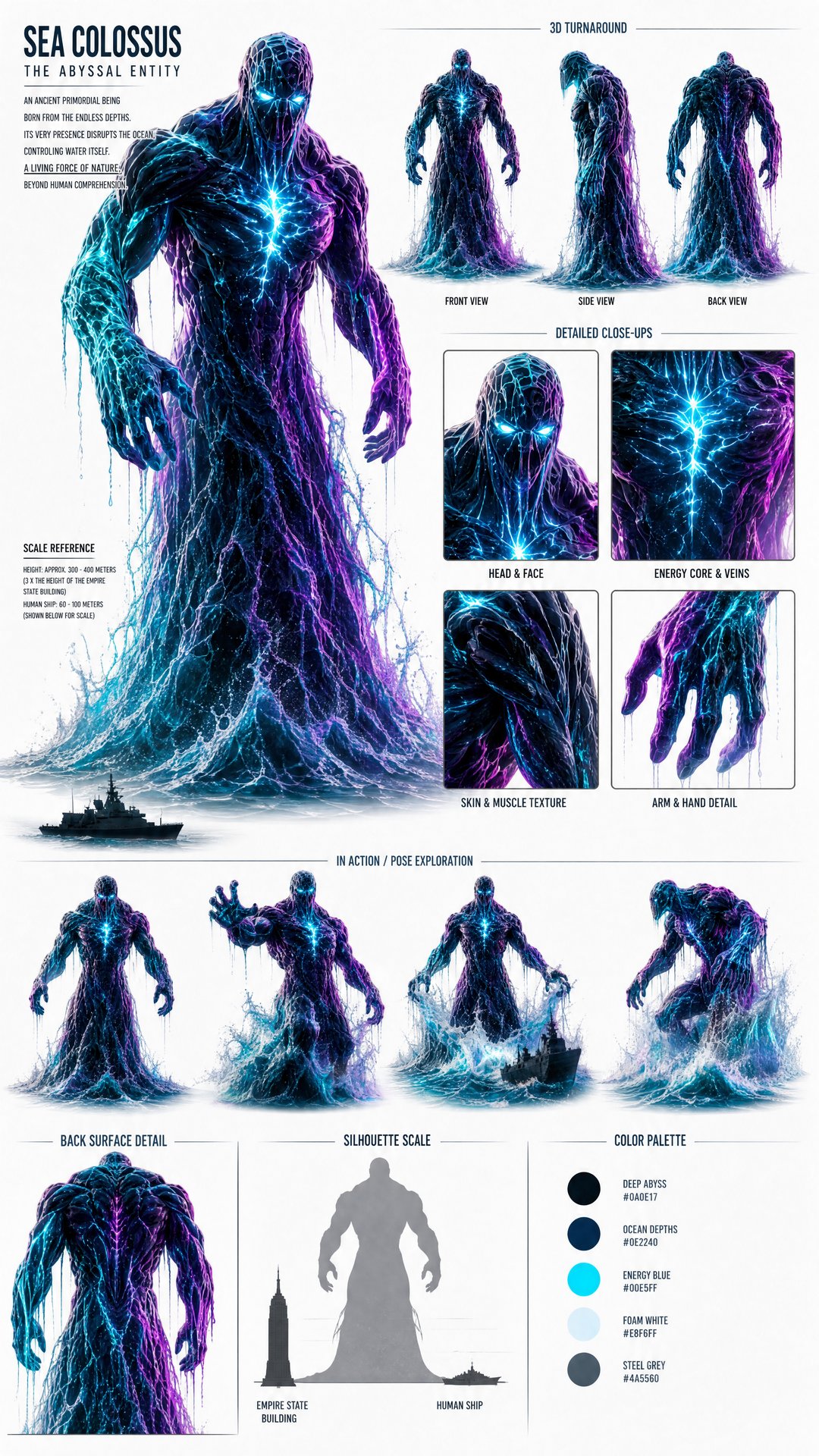 Sea Colossus design board — turnaround, close-ups, poses, scale