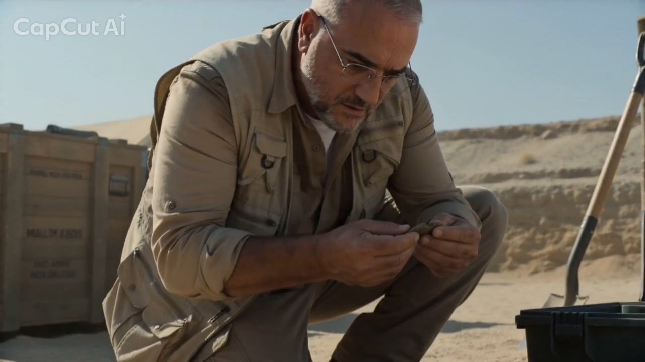 Archaeologist examining an artifact at the desert dig site