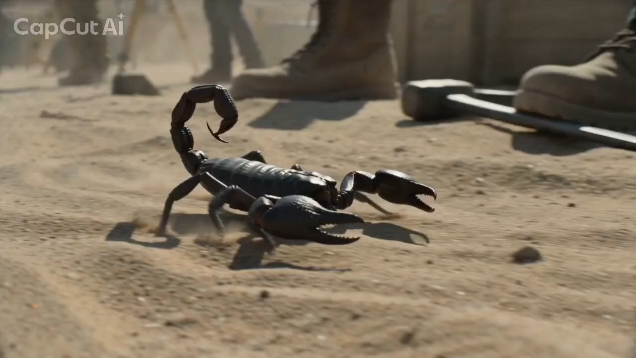 A black scorpion scuttles across the dig site