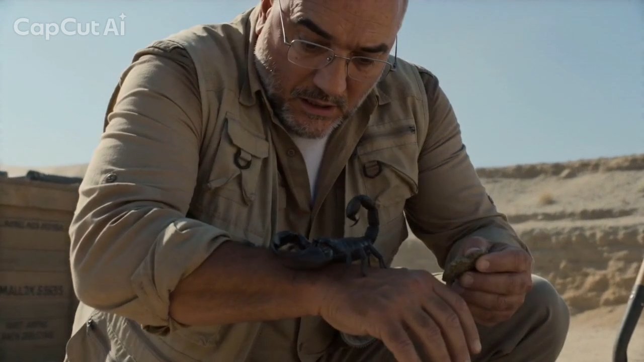 The scorpion climbs onto his arm