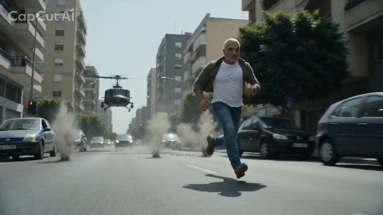 Sprinting down the street as the helicopter closes in