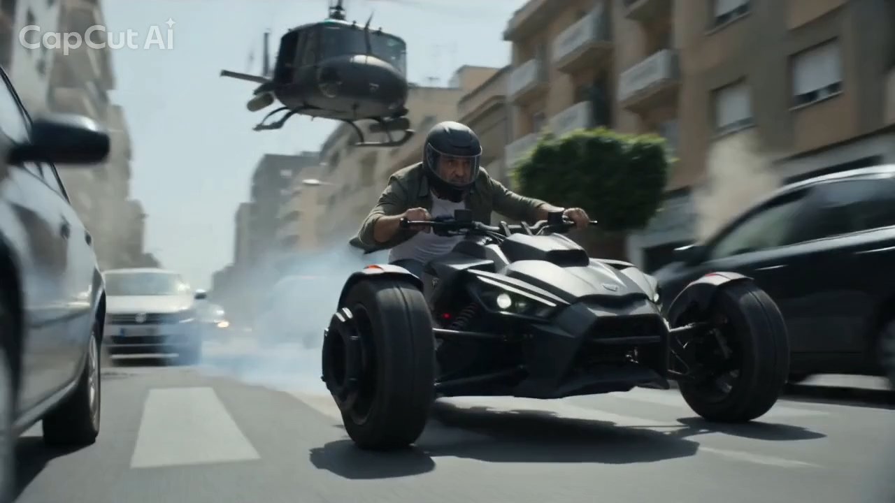 Weaving through traffic with the helicopter overhead