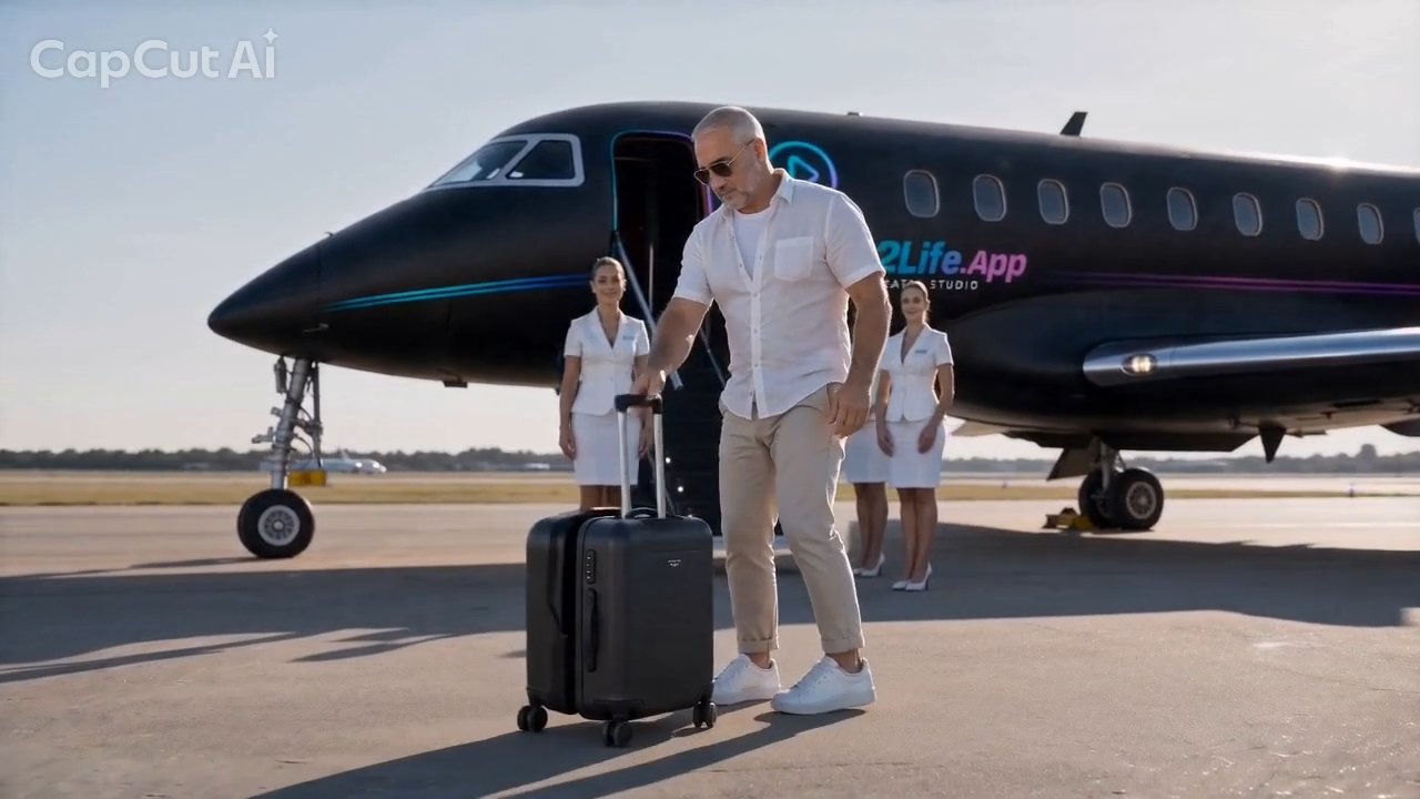 Wheeling the black carry-on across the tarmac