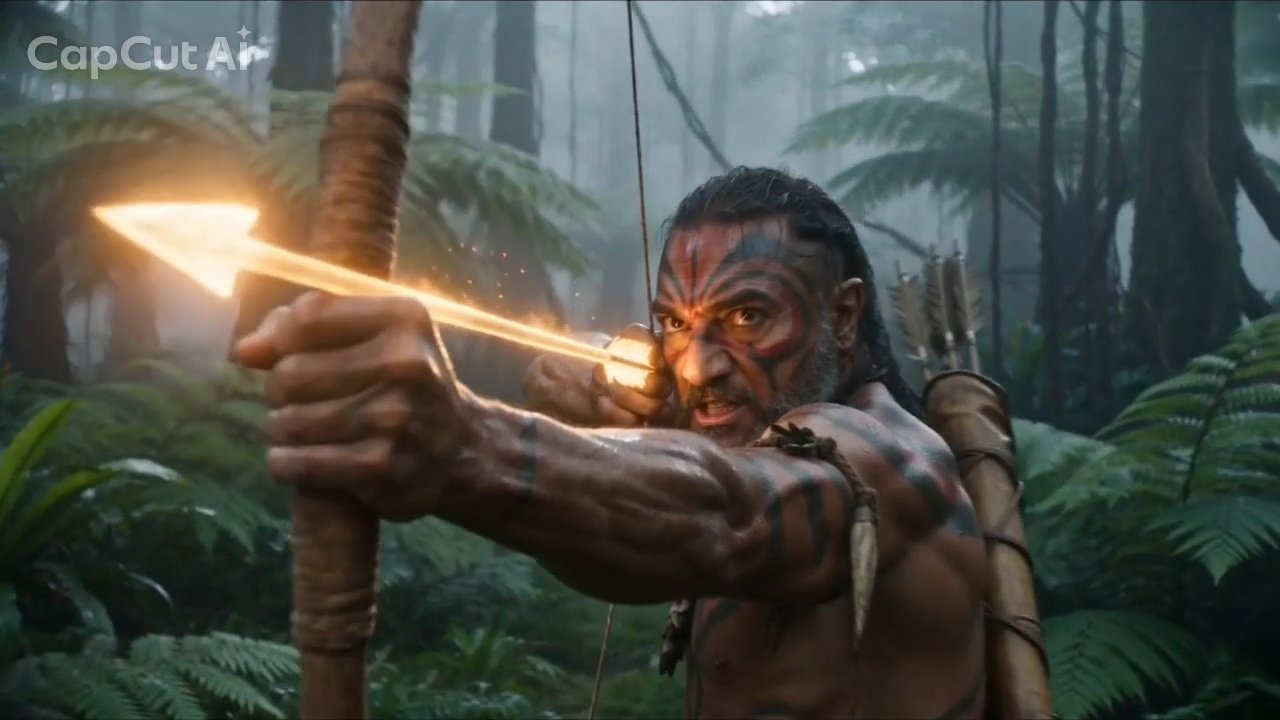 The jungle warrior draws his bow, arrow igniting