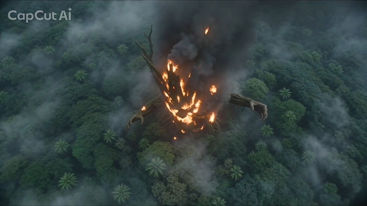 Aerial view — the titan burns among the treetops