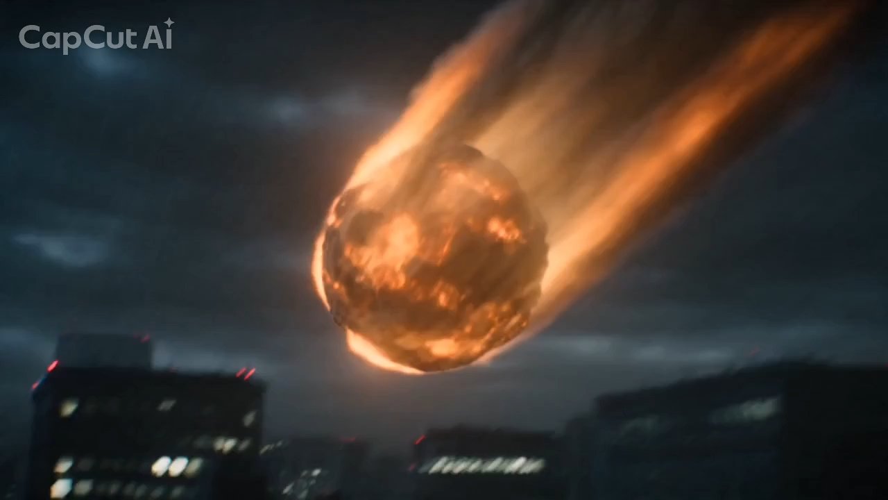A blazing meteor streaks down over the night city