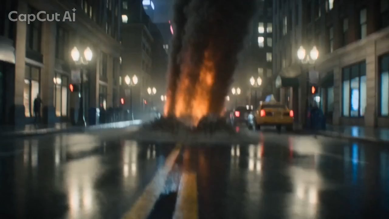 Impact — fire and smoke erupt from the street
