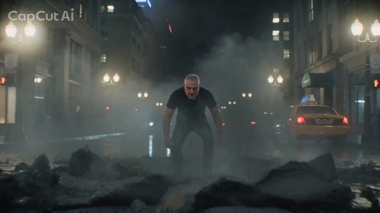 He rises from the crater in the mist