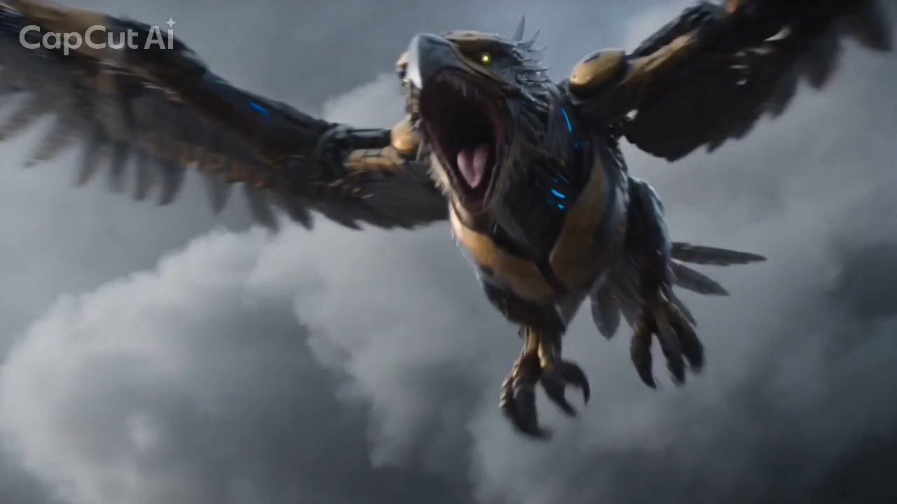 The mechanical eagle screeches through the storm clouds