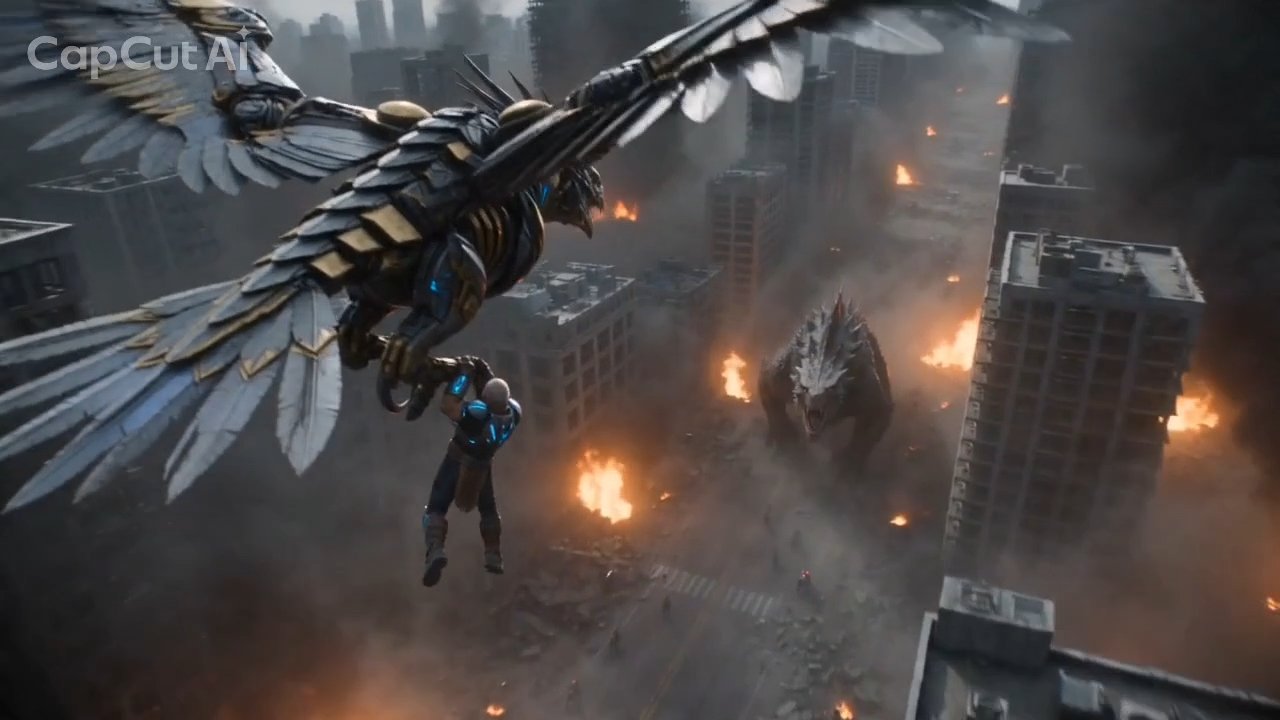 Carried high over the burning city, the beast below