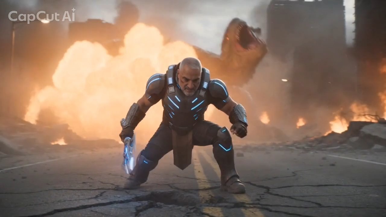 The beast falls in flames behind him